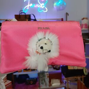 Rare Prada Vintage Pink Bear Crystal Zip Tessuto Nylon Pouch Bag